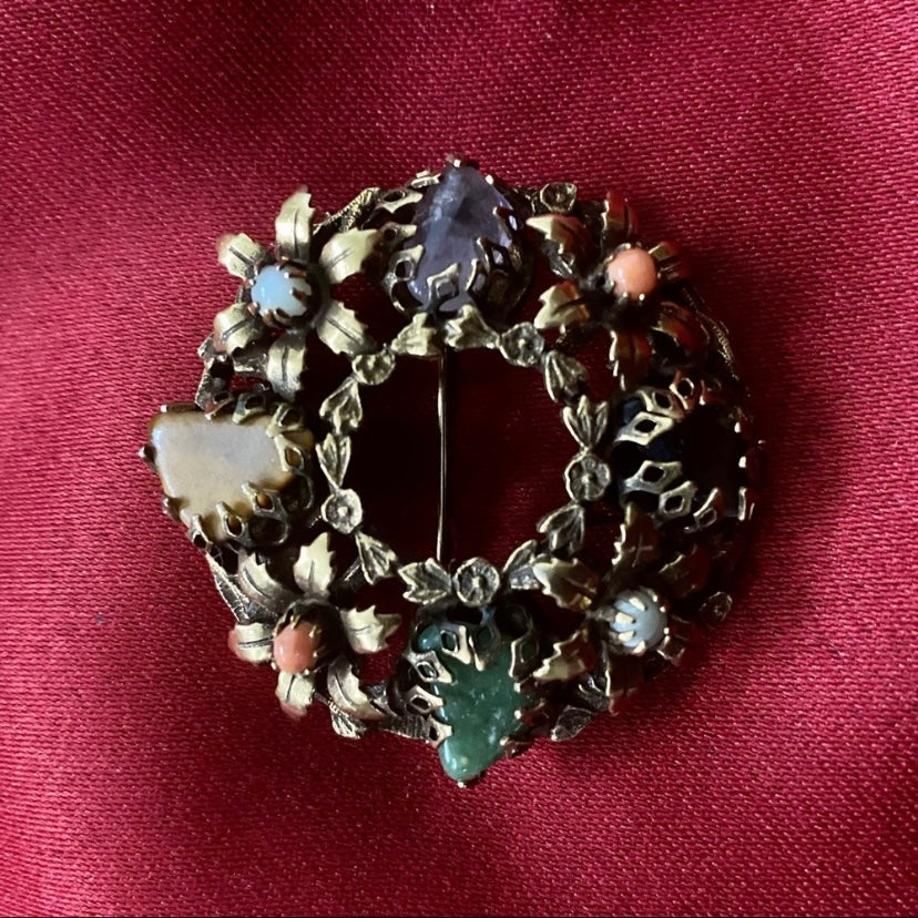 Black Onyx Amethyst Jade Light Blue Chalcedony Yellow Jasper Floral Wreath Pin