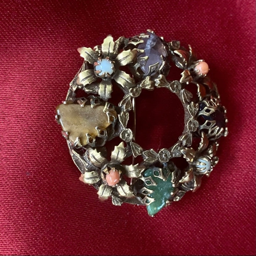 Black Onyx Amethyst Jade Light Blue Chalcedony Yellow Jasper Floral Wreath Pin