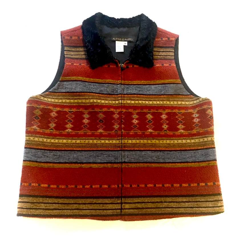 Rusty Red Aztec Print Vest w/ Faux Fur Collar (M)