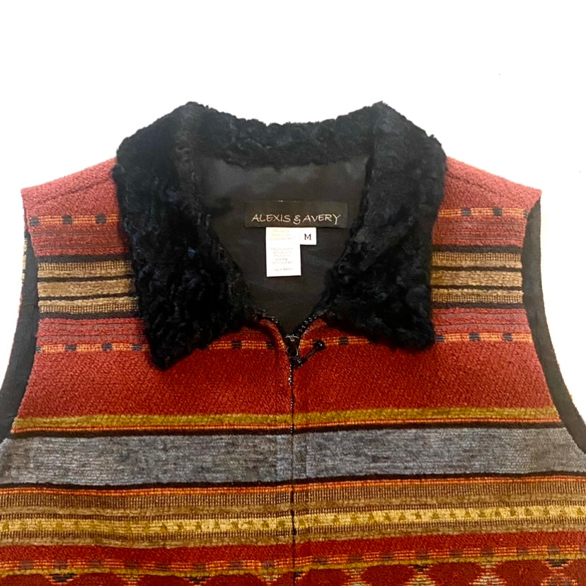 Rusty Red Aztec Print Vest w/ Faux Fur Collar (M)