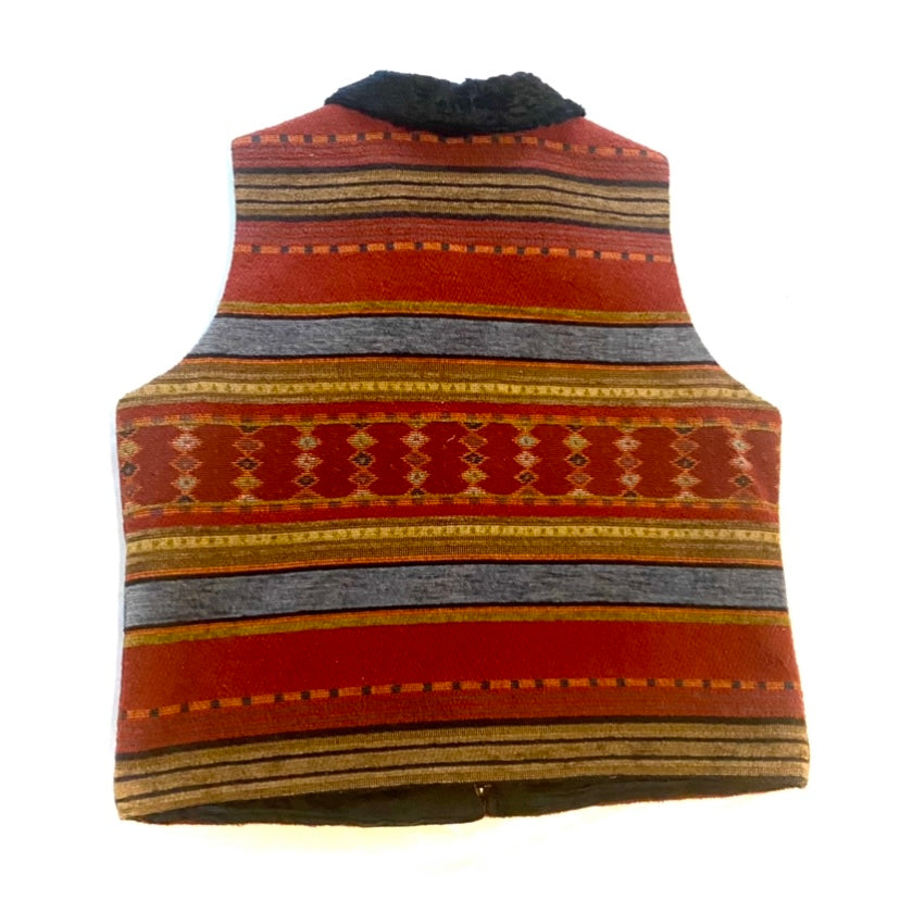 Rusty Red Aztec Print Vest w/ Faux Fur Collar (M)