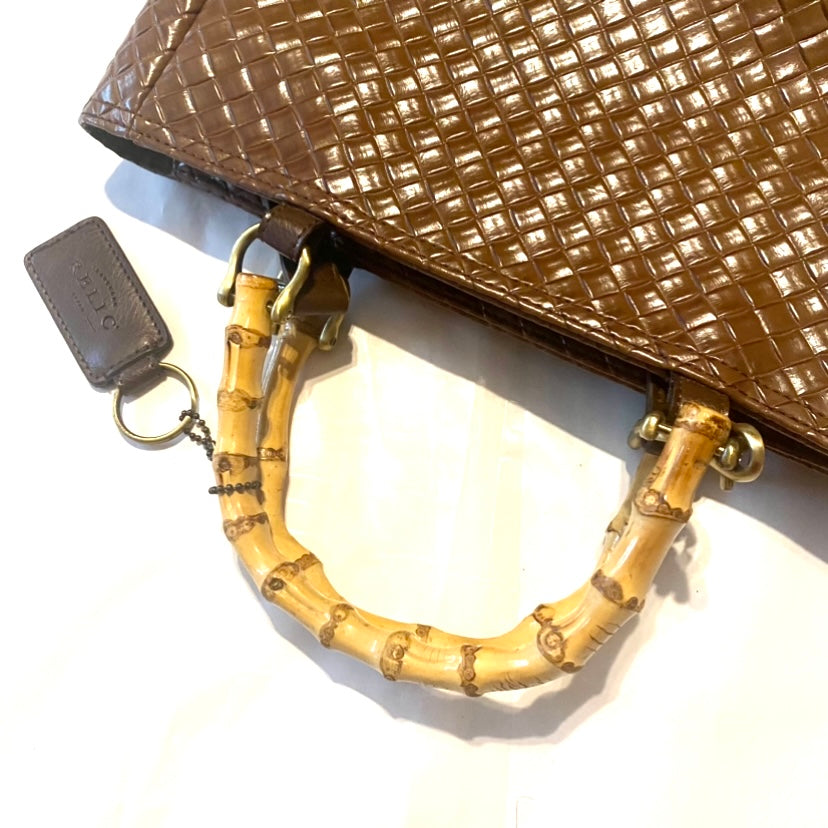 RELIC Chocolate Brown Woven Handbag w/ Bamboo Handles & Crossbody Strap