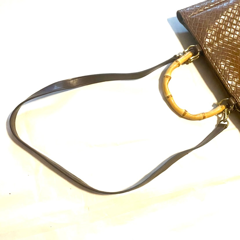RELIC Chocolate Brown Woven Handbag w/ Bamboo Handles & Crossbody Strap