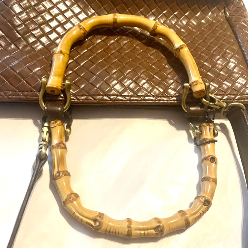 RELIC Chocolate Brown Woven Handbag w/ Bamboo Handles & Crossbody Strap