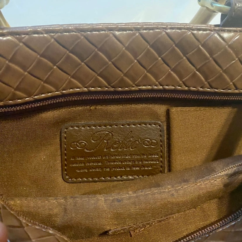 RELIC Chocolate Brown Woven Handbag w/ Bamboo Handles & Crossbody Strap