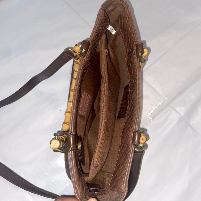 RELIC Chocolate Brown Woven Handbag w/ Bamboo Handles & Crossbody Strap