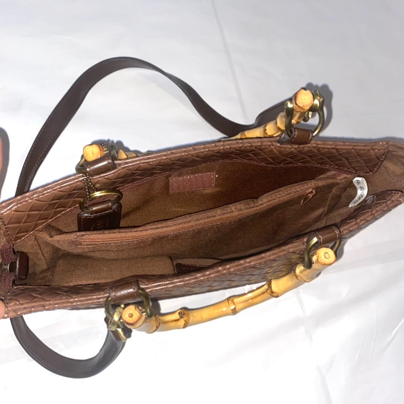 RELIC Chocolate Brown Woven Handbag w/ Bamboo Handles & Crossbody Strap