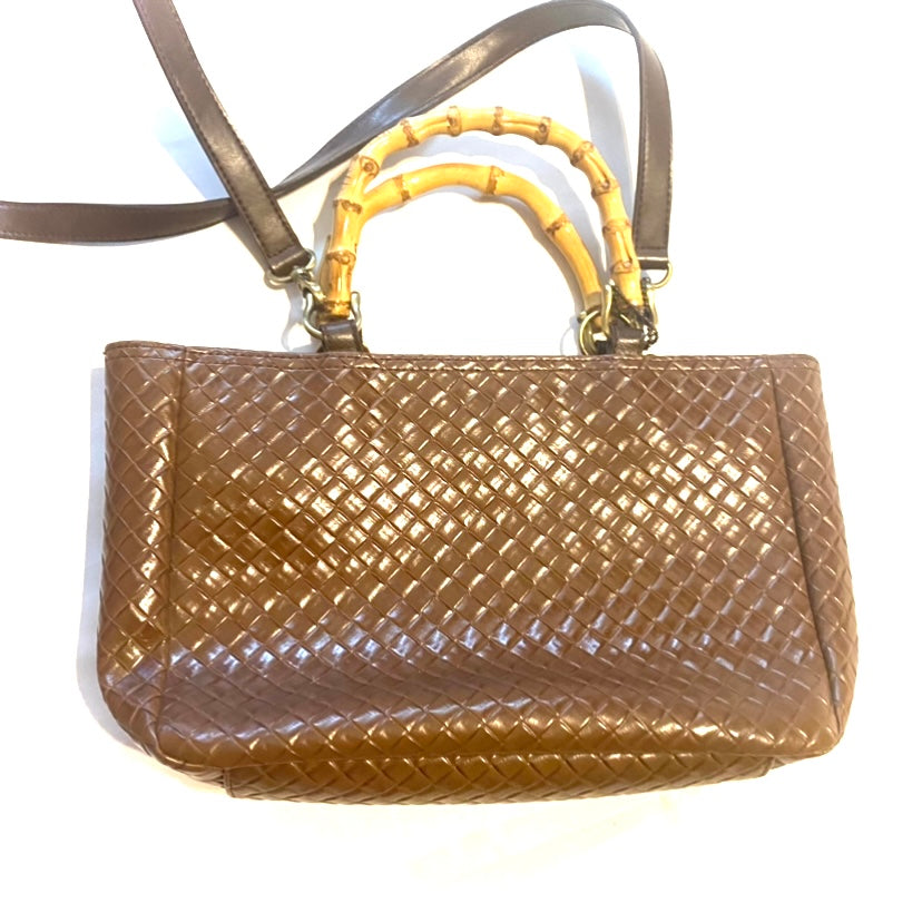 RELIC Chocolate Brown Woven Handbag w/ Bamboo Handles & Crossbody Strap