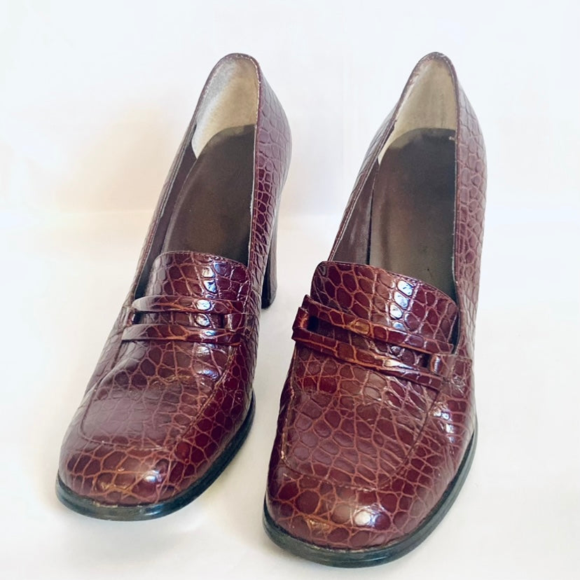 Vintage Mahogany Crocodile Leather Loafer Heels (8 1/2 M)