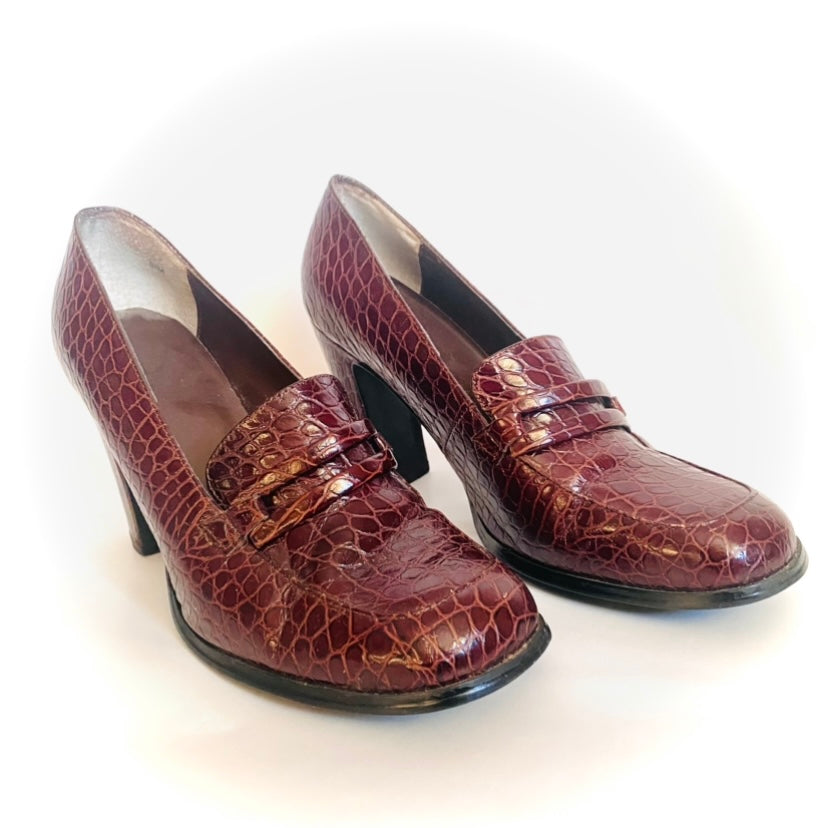 Vintage Mahogany Crocodile Leather Loafer Heels (8 1/2 M)