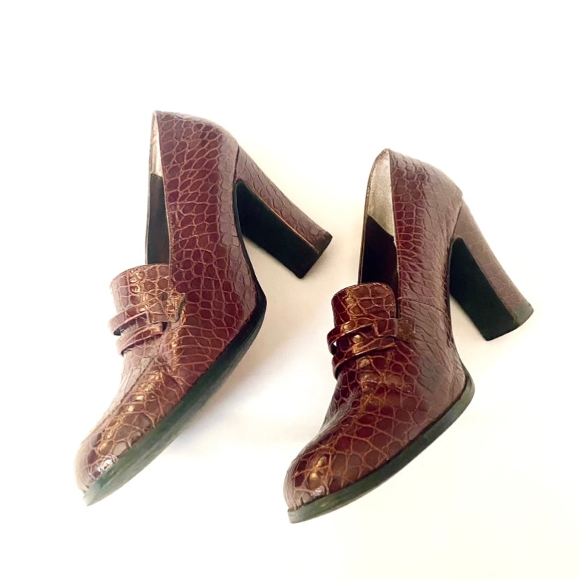 Vintage Mahogany Crocodile Leather Loafer Heels (8 1/2 M)