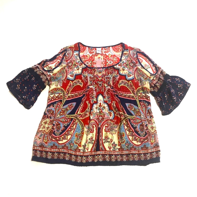 bila Cold Shoulder Red, Navy Blue, & Multicolor Paisley Boho Blouse (M)