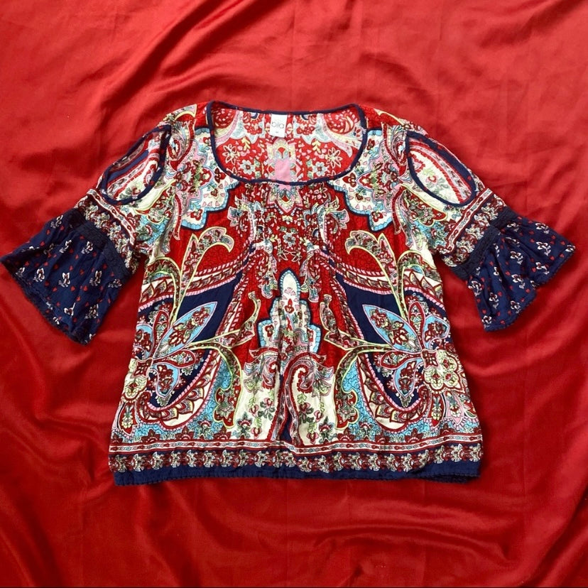 bila Cold Shoulder Red, Navy Blue, & Multicolor Paisley Boho Blouse (M)