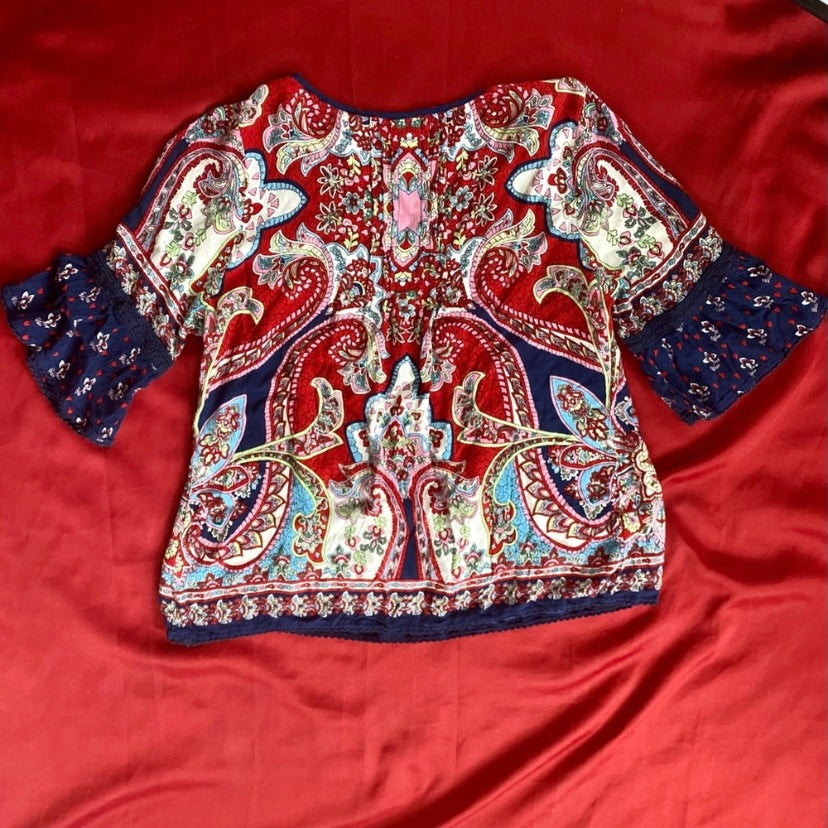 bila Cold Shoulder Red, Navy Blue, & Multicolor Paisley Boho Blouse (M)
