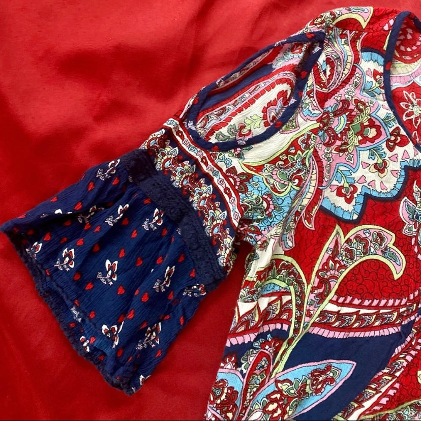 bila Cold Shoulder Red, Navy Blue, & Multicolor Paisley Boho Blouse (M)