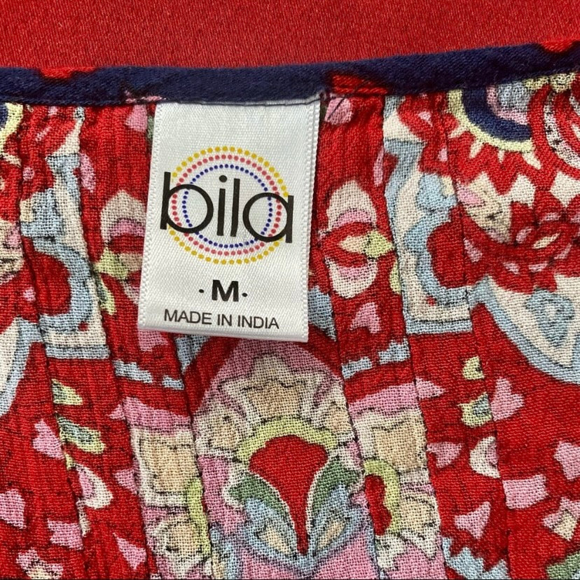 bila Cold Shoulder Red, Navy Blue, & Multicolor Paisley Boho Blouse (M)