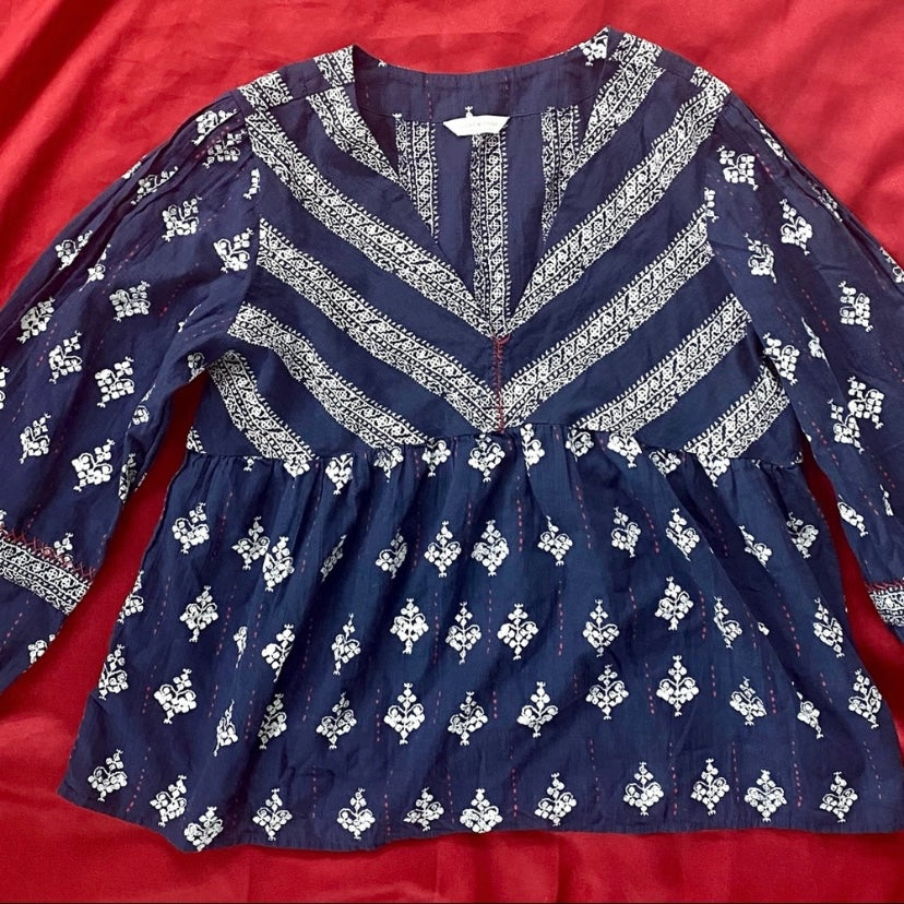 Lucky Brand Women’s Cotton Navy/White/Red Embroidered Boho Blouse (M)