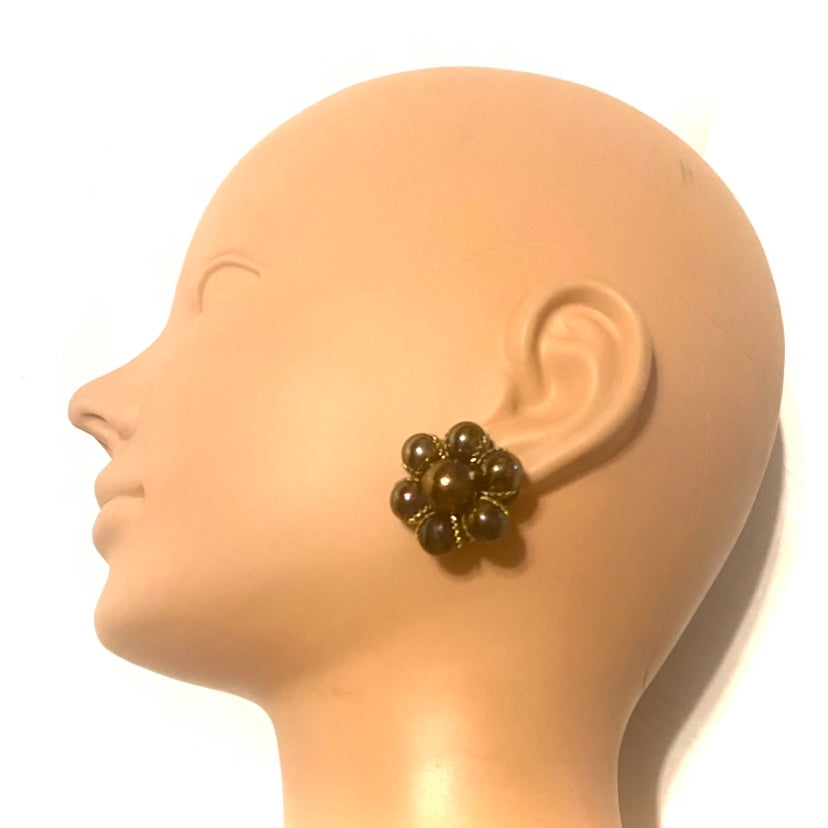 Vintage Bronze & Purple Chrome Bead Flower Stud Earrings