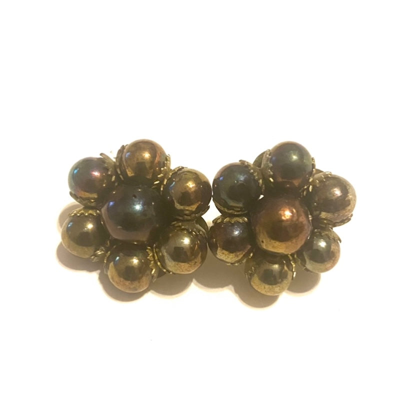 Vintage Bronze & Purple Chrome Bead Flower Stud Earrings