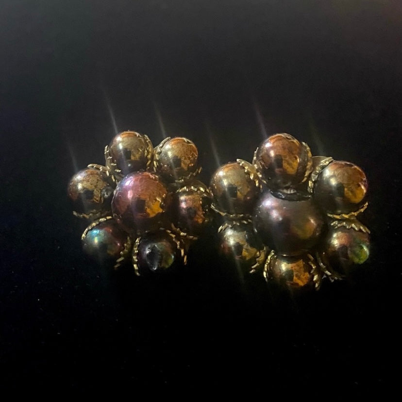 Vintage Bronze & Purple Chrome Bead Flower Stud Earrings