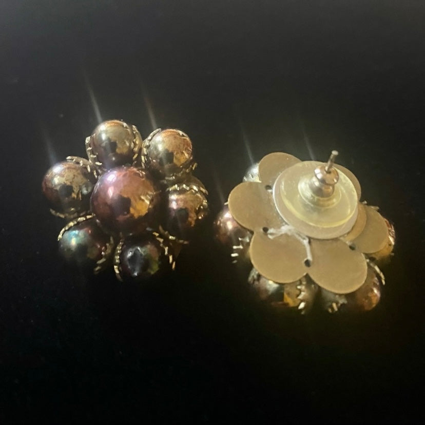 Vintage Bronze & Purple Chrome Bead Flower Stud Earrings