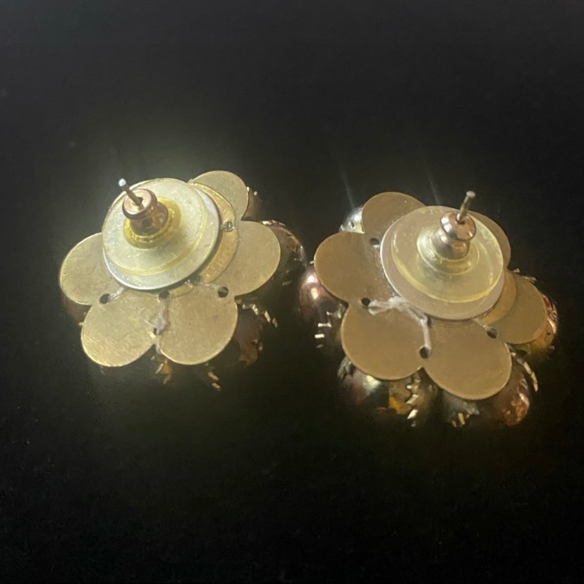 Vintage Bronze & Purple Chrome Bead Flower Stud Earrings