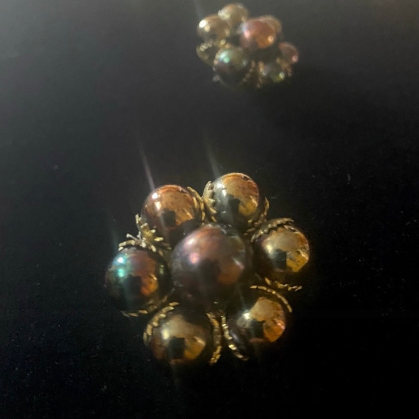 Vintage Bronze & Purple Chrome Bead Flower Stud Earrings