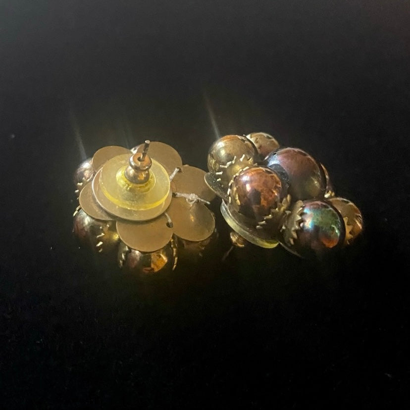 Vintage Bronze & Purple Chrome Bead Flower Stud Earrings