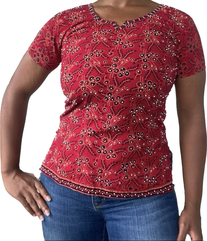 Handmade Vintage Red Black & White Embroidered Top (M)