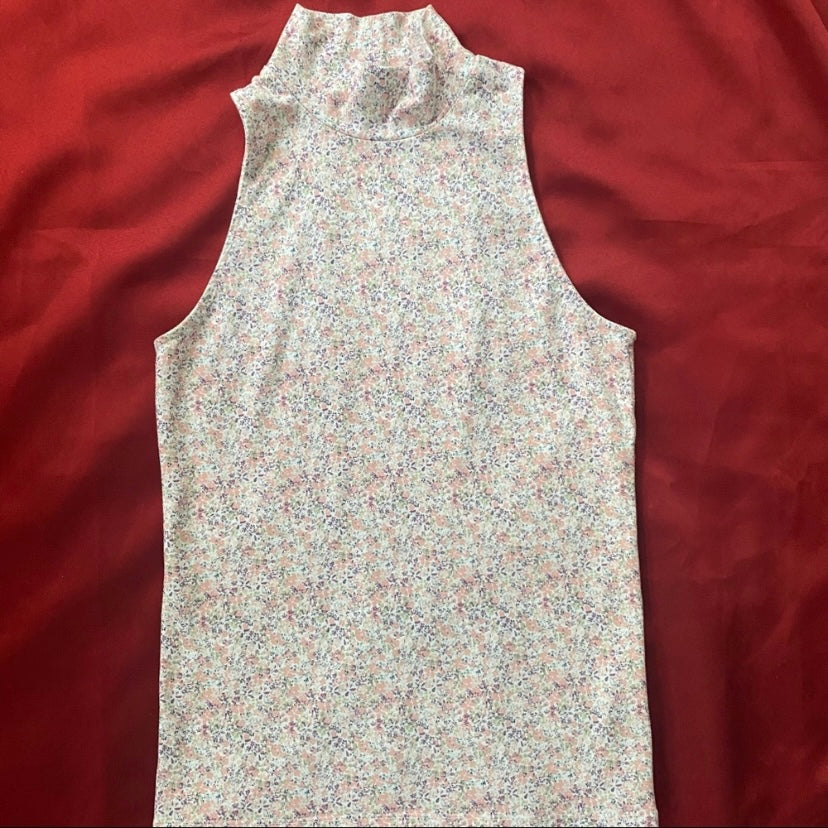 Spring 90s Pastel Pink Floral Sleeveless Racerback Turtleneck