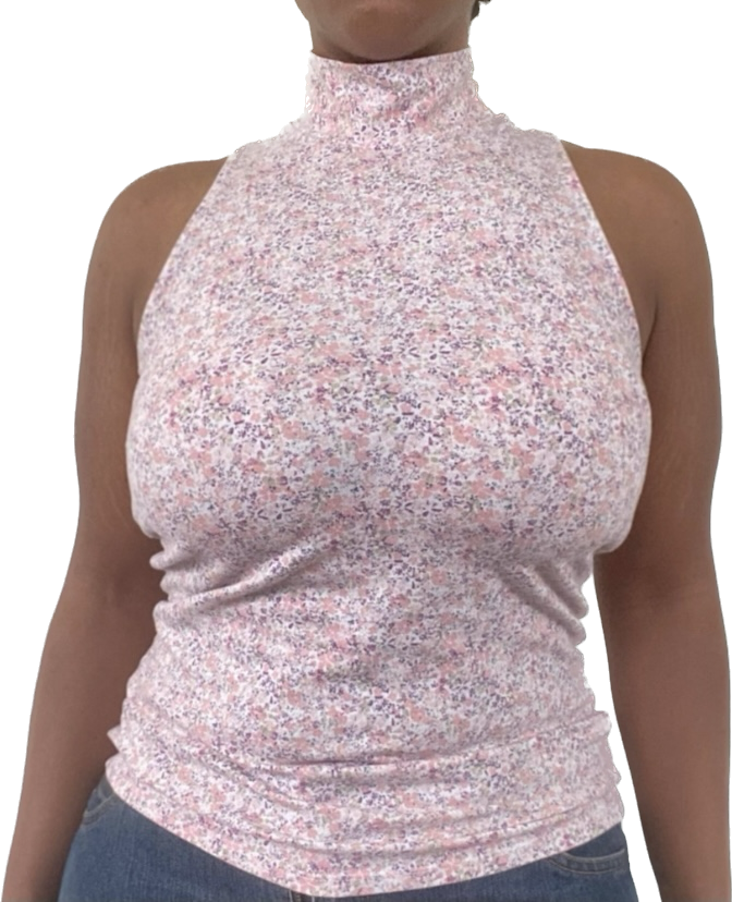 Spring 90s Pastel Pink Floral Sleeveless Racerback Turtleneck