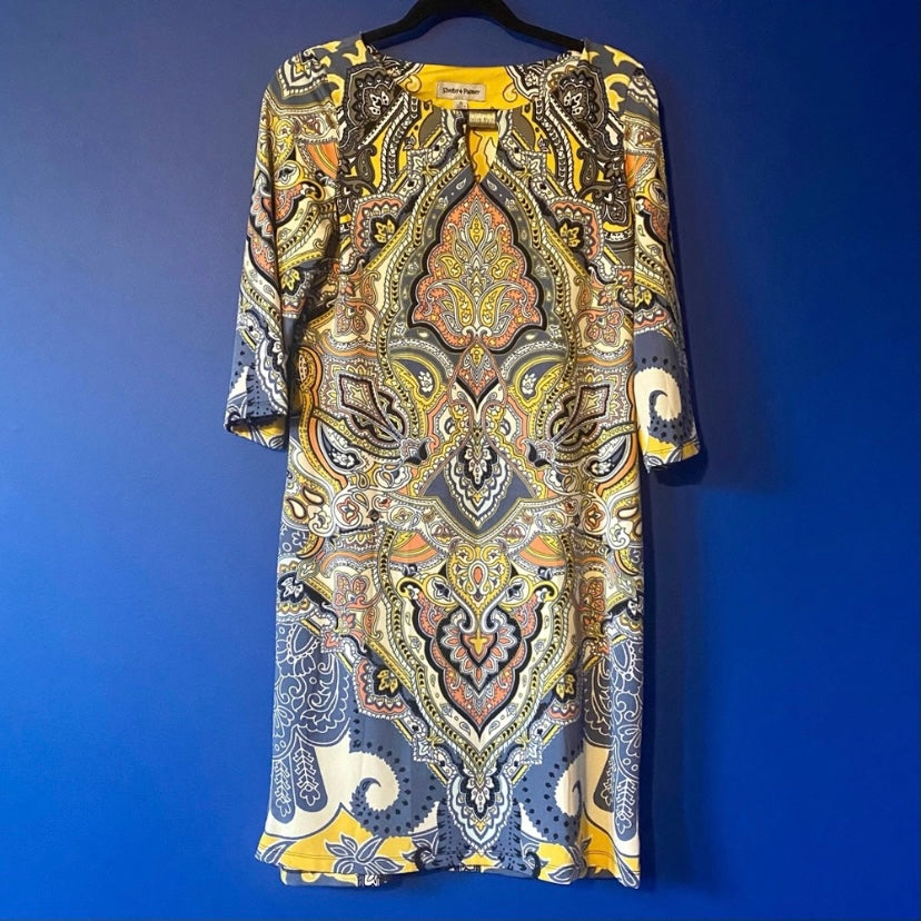 Mellow Yellow Longsleeve Paisley Mod Shift Dress (L)