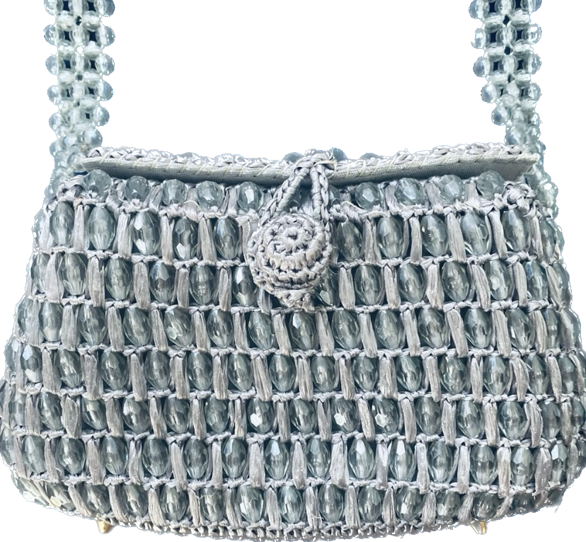 Vintage 60s Gaymode Silver Handmade Straw Beaded Top Handle Bag/ Purse