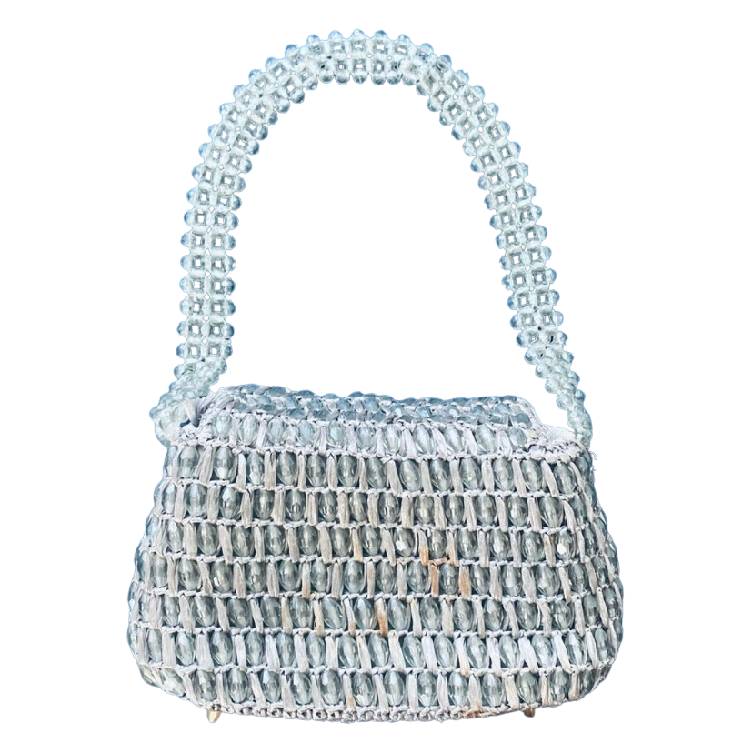 Vintage 60s Gaymode Silver Handmade Straw Beaded Top Handle Bag/ Purse