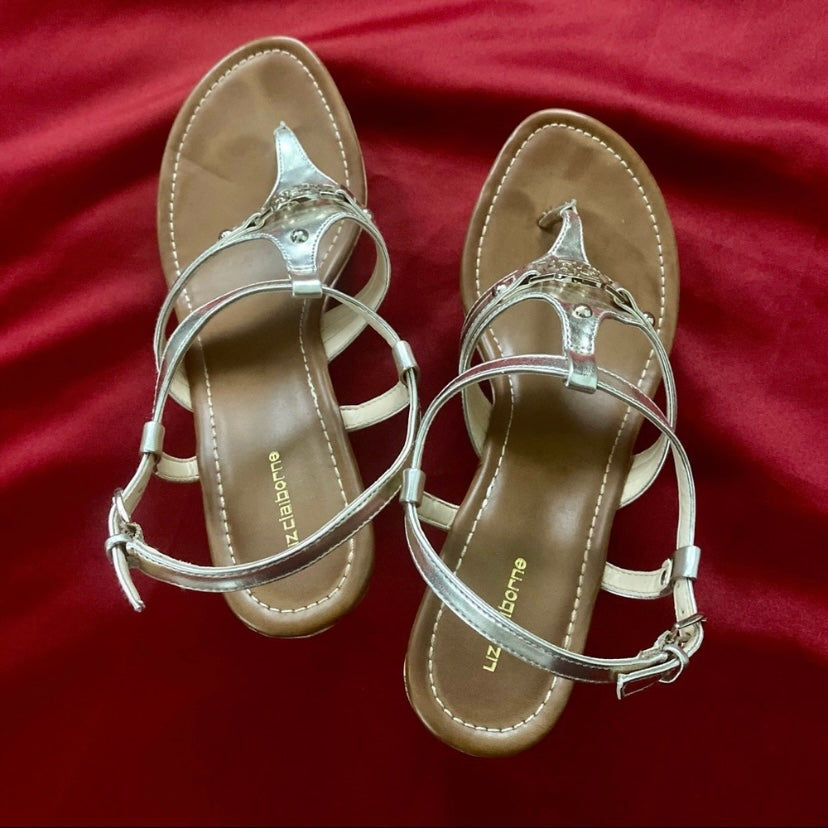 Metallic Gold Liz Claiborne Strappy Cork Wedge Sandals (9M)