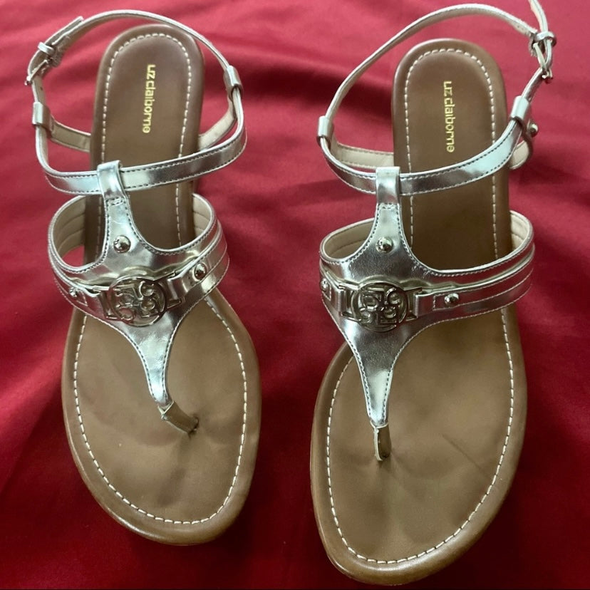 Metallic Gold Liz Claiborne Strappy Cork Wedge Sandals (9M)