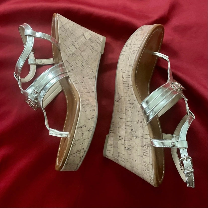 Metallic Gold Liz Claiborne Strappy Cork Wedge Sandals (9M)