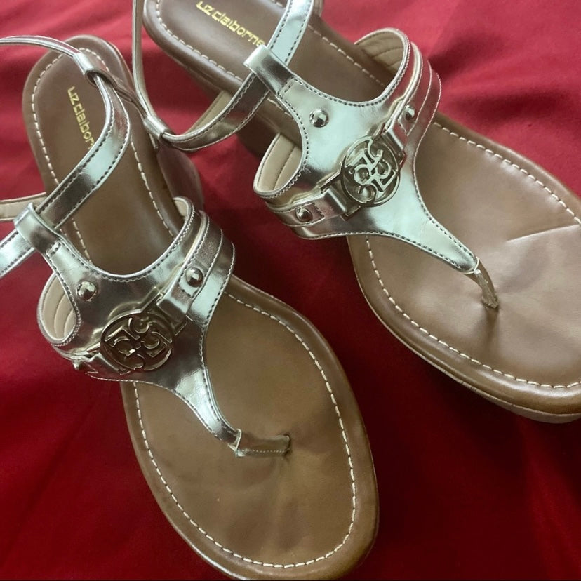 Metallic Gold Liz Claiborne Strappy Cork Wedge Sandals (9M)