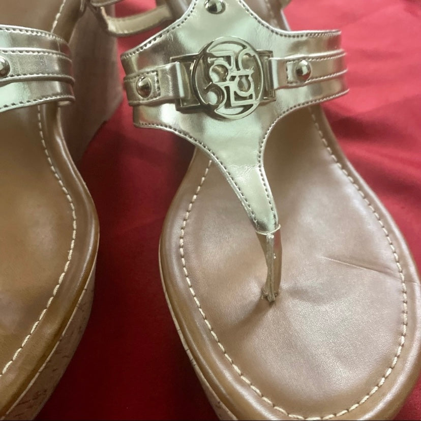 Metallic Gold Liz Claiborne Strappy Cork Wedge Sandals (9M)