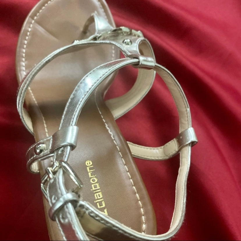 Metallic Gold Liz Claiborne Strappy Cork Wedge Sandals (9M)