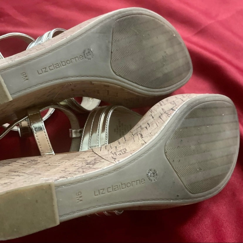 Metallic Gold Liz Claiborne Strappy Cork Wedge Sandals (9M)
