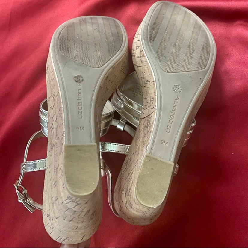 Metallic Gold Liz Claiborne Strappy Cork Wedge Sandals (9M)