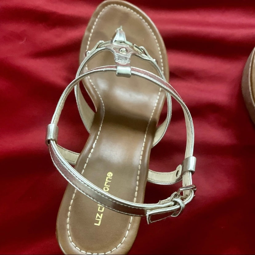 Metallic Gold Liz Claiborne Strappy Cork Wedge Sandals (9M)