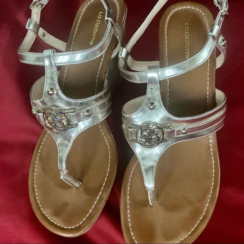 Metallic Gold Liz Claiborne Strappy Cork Wedge Sandals (9M)