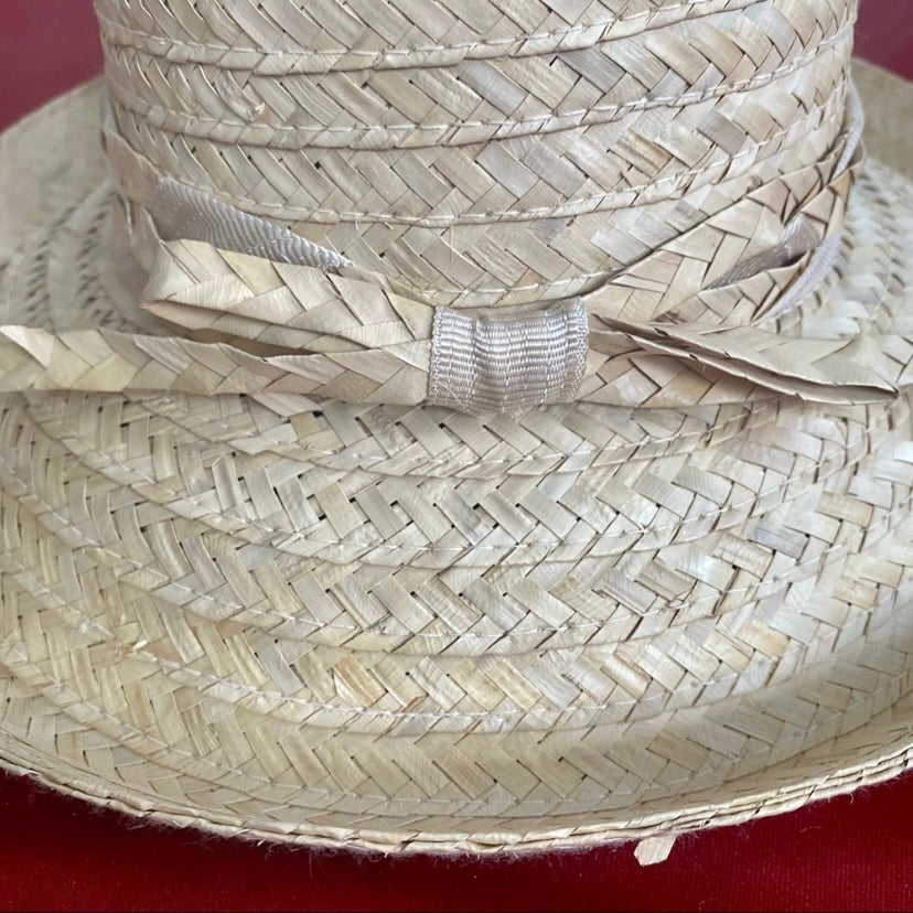 Vintage 100% Straw Sunhat with Asymmetrical Upturned Brim and Bow
