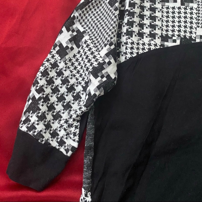 Y2K Patchwork Houndstooth Red, White, & Black 3/4 Sleeve Shirt (M)