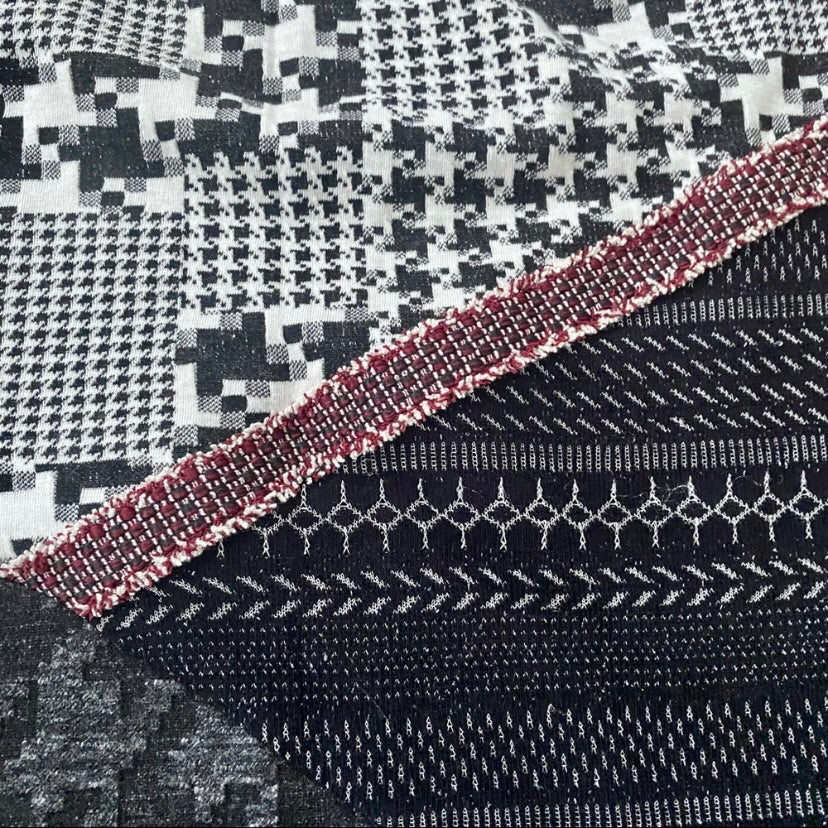 Y2K Patchwork Houndstooth Red, White, & Black 3/4 Sleeve Shirt (M)