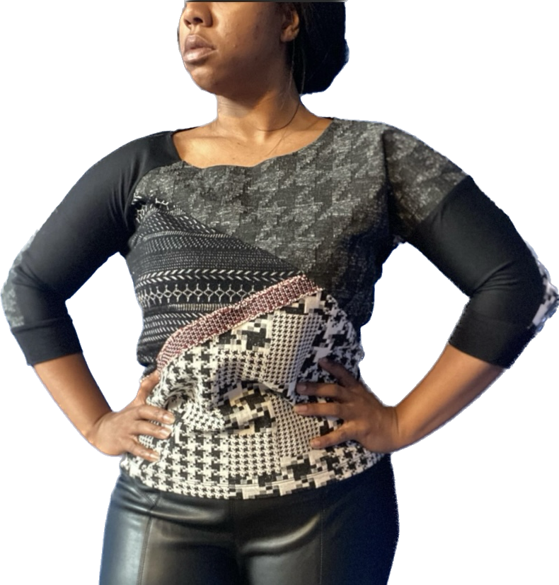 Y2K Patchwork Houndstooth Red, White, & Black 3/4 Sleeve Shirt (M)