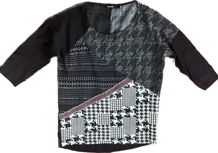 Y2K Patchwork Houndstooth Red, White, & Black 3/4 Sleeve Shirt (M)