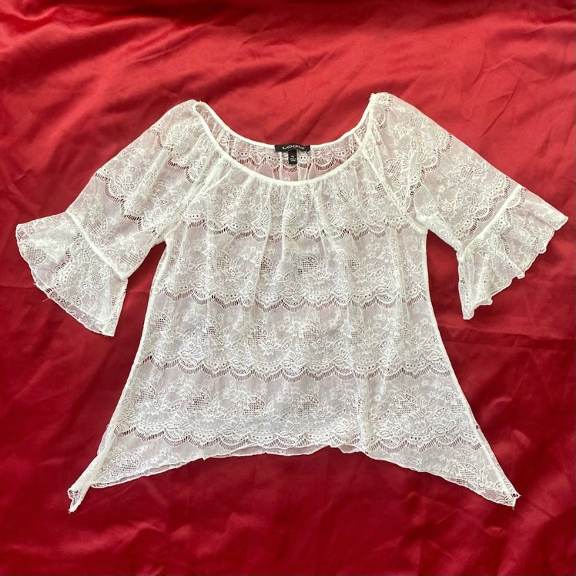 Ivory White Sheer Lace Bell Sleeve Top (Petite Large)